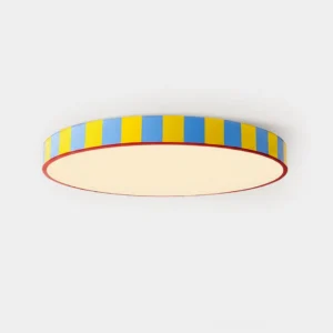 Modulo Stripe modern ceiling light with bold yellow and blue geometric striped design on white studio background
