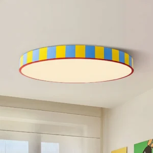 Modulo Stripe flush mount ceiling fixture with colorful striped rim installed in minimalist bedroom interior