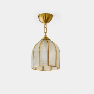 Moire brass ceiling light with scalloped frosted glass panels - front view product display