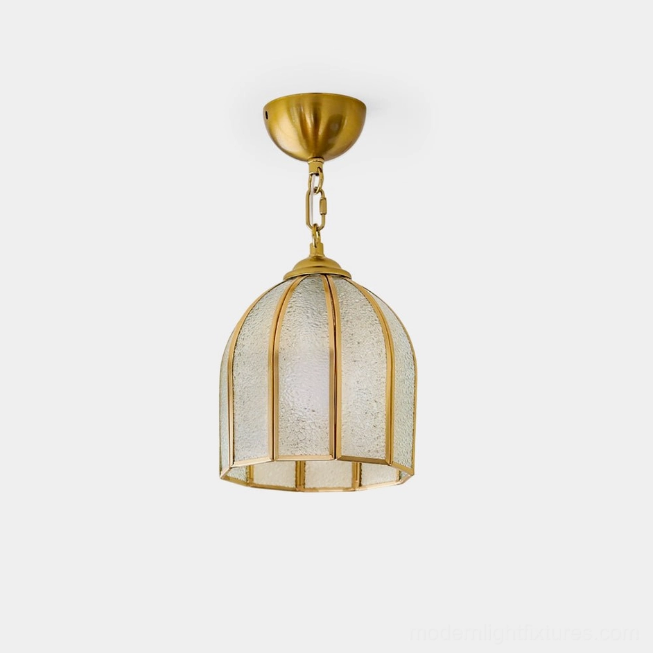 Moire brass ceiling light with scalloped frosted glass panels - front view product display
