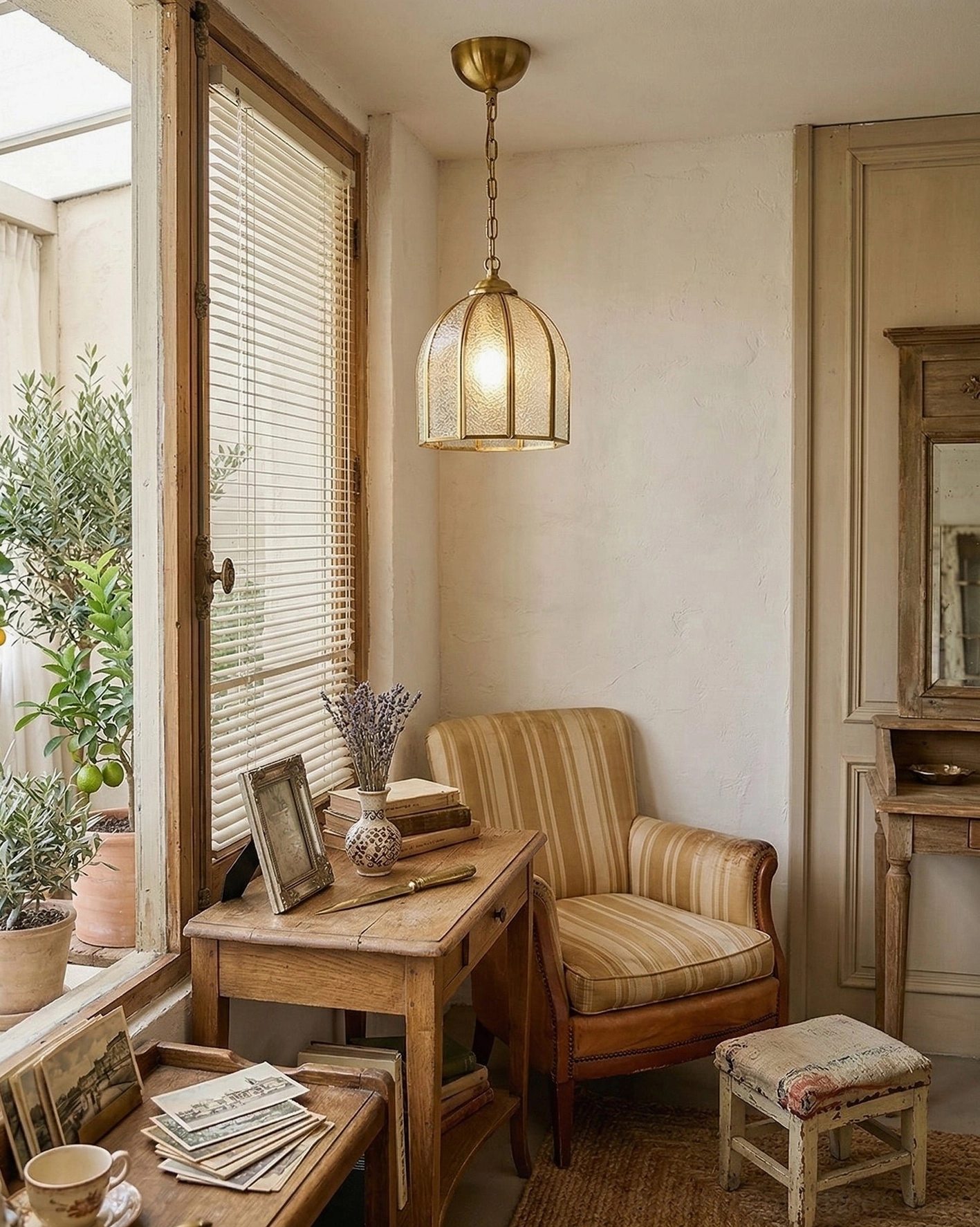 Brass scalloped ceiling light in vintage study room interior design setting