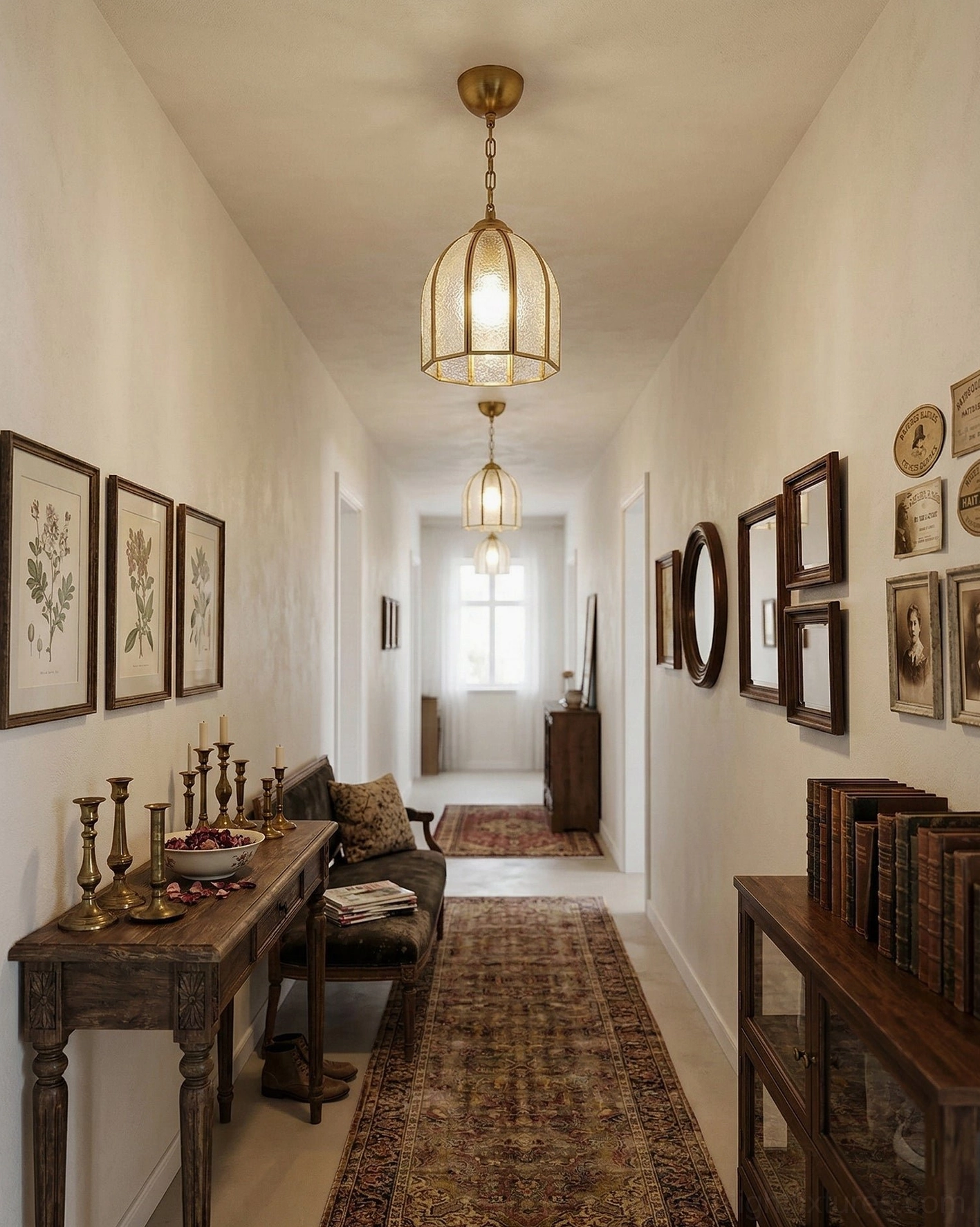Series of moire frosted glass ceiling lights along residential hallway corridor