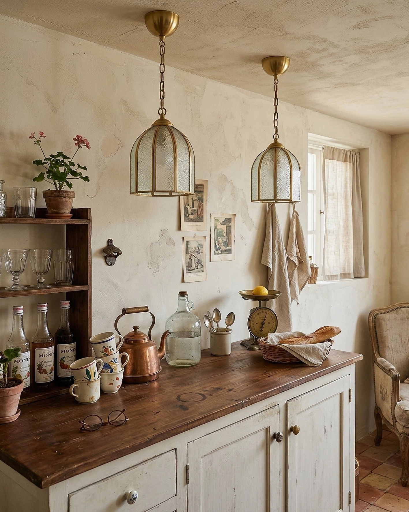 Pair of moire brass ceiling lights in farmhouse kitchen above counter display