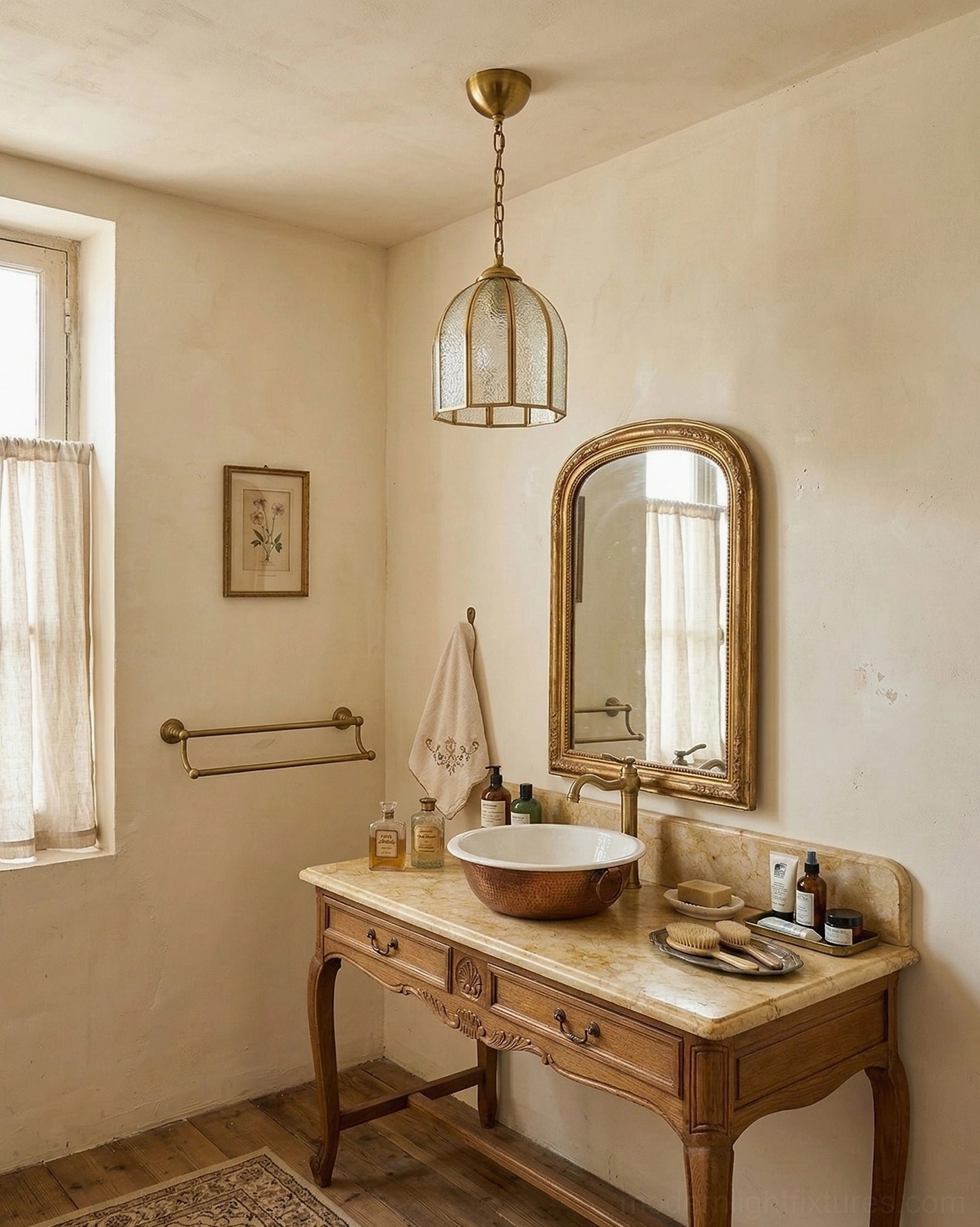 Frosted glass brass ceiling lamp installed in French country bathroom vanity area