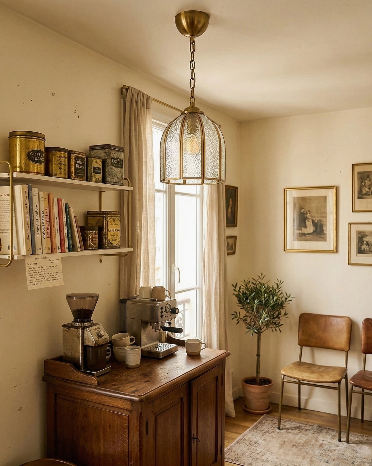Moire brass ceiling fixture illuminating warm library home office nook