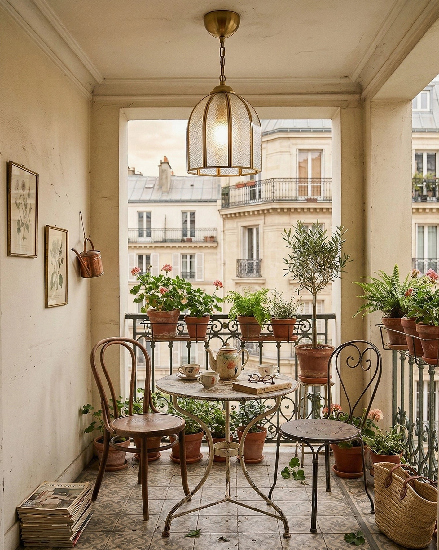 Scalloped frosted glass ceiling light on Parisian balcony dining space