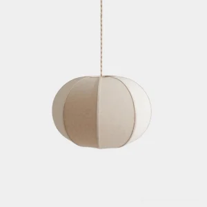 Mollis fabric pendant light front view, beige linen spherical shade with two-tone paneling and twisted hanging cord on white background