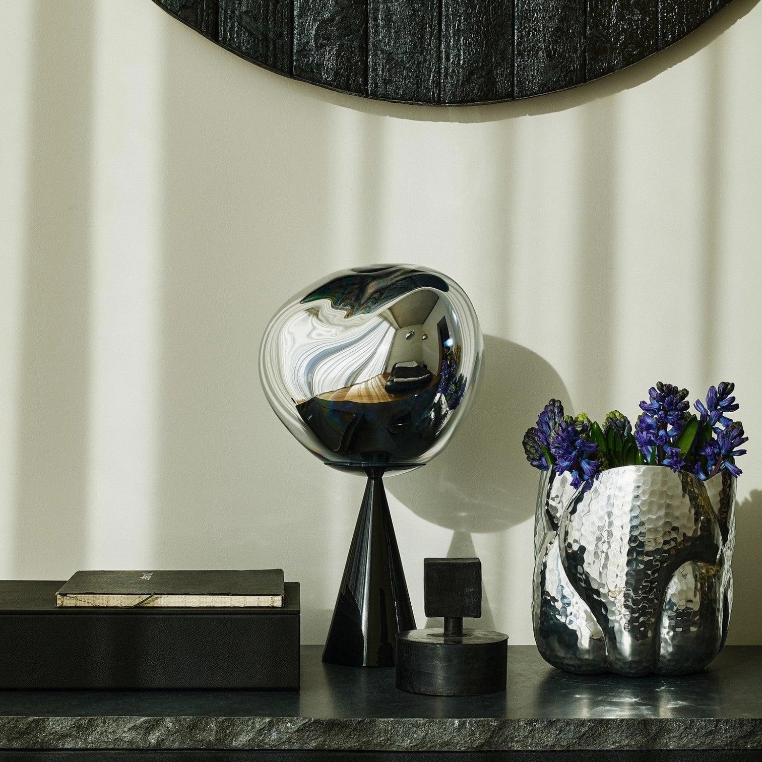 Modern molten cone lamp interior design styling bedroom nightstand ambient lighting setup