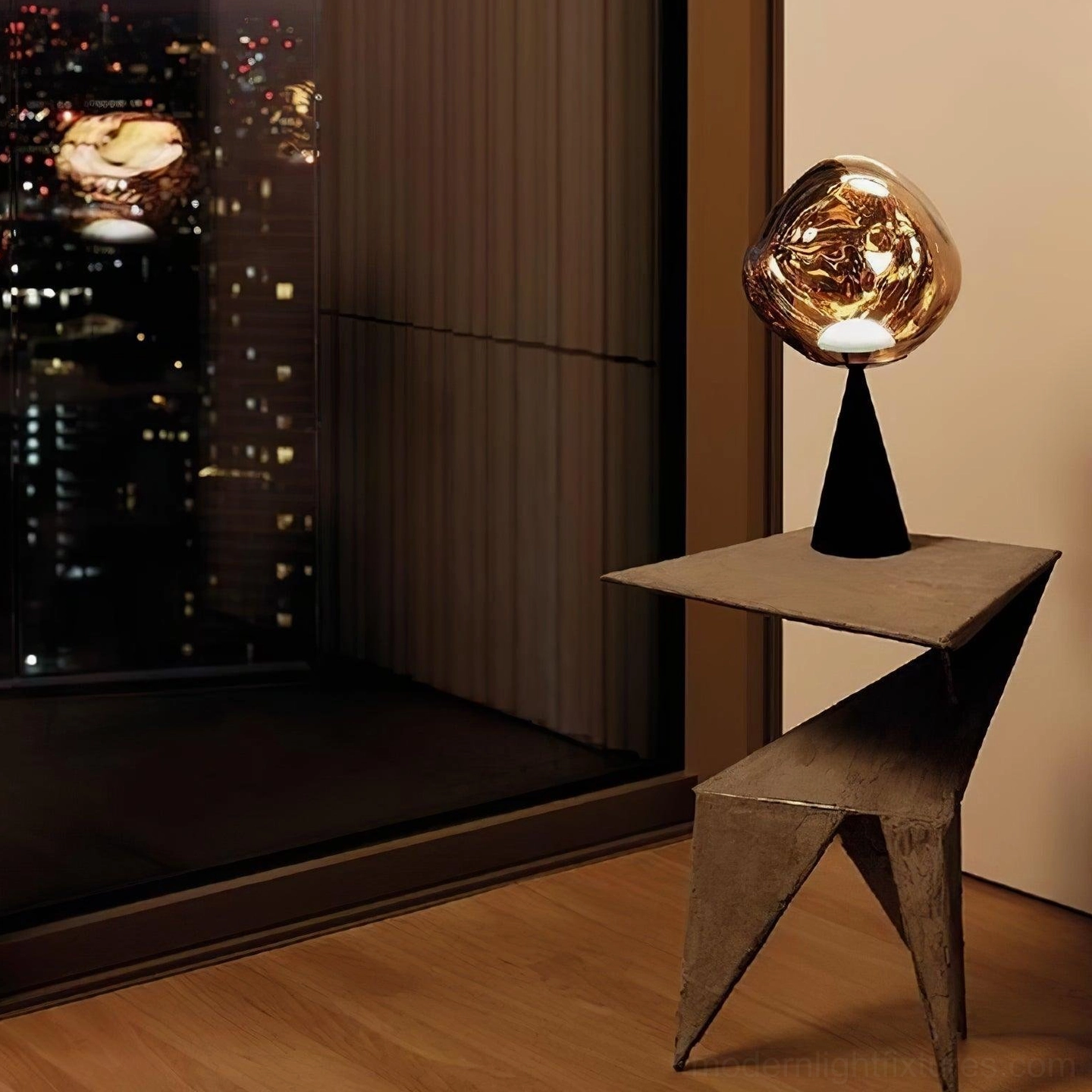 Molten glass cone table lamp product detail chrome finish metallic base close-up photography