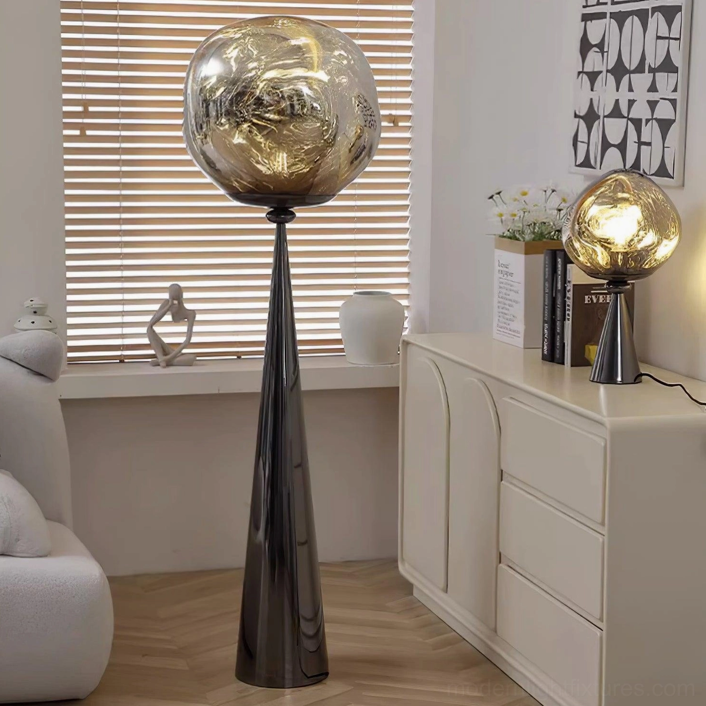 Molten glass cone table lamp color comparison chrome black smoky finish side-by-side view