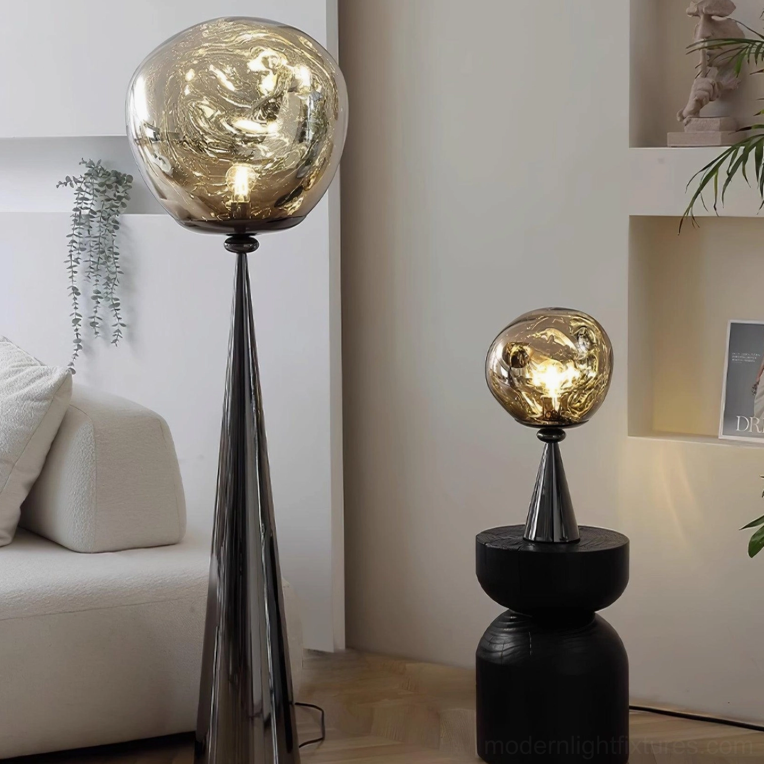 Molten cone lamp half-metallised glass mirror finish off state sculptural design detail
