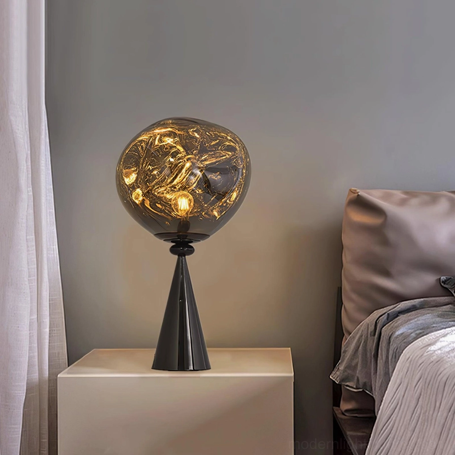 Molten glass cone table lamp half-metallised glass technique optical effect reflection