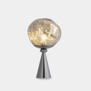 Molten glass cone table lamp front view with polished silver metal base and smoked glass shade studio lighting