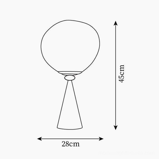 Molten glass cone table lamp technical dimension drawing orthographic illustration 28cm 45cm