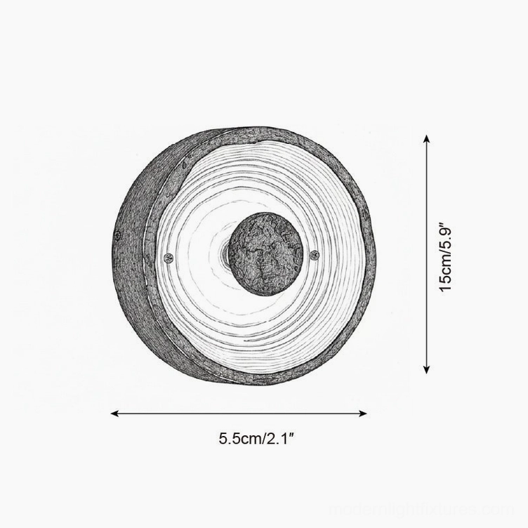Moltena Model A wall sconce technical schematic, 15cm height 5.5cm width dimension diagram
