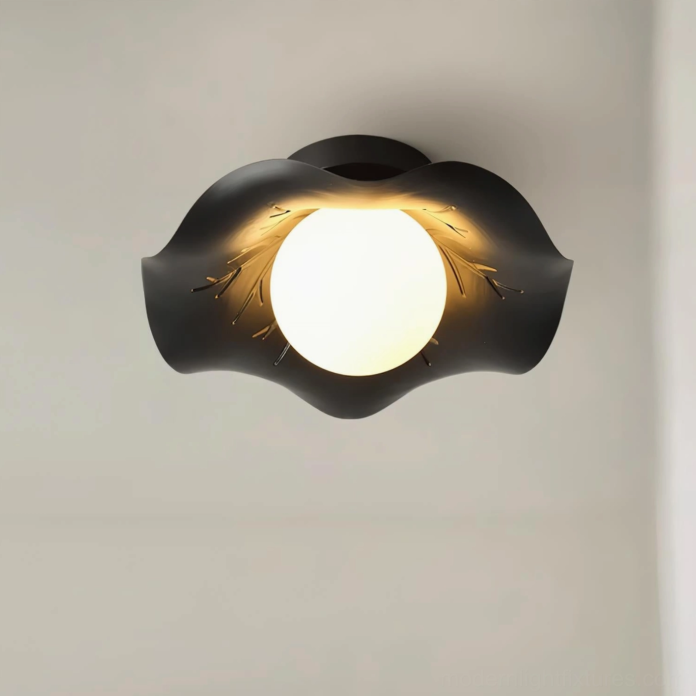 Monae dual-use ceiling wall light fixture overhead with detailed branch texture on black sculptural frame