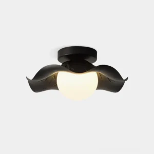 Monae black and white petal ceiling light fixture front overhead view with frosted glass globe and sculptural metal frame