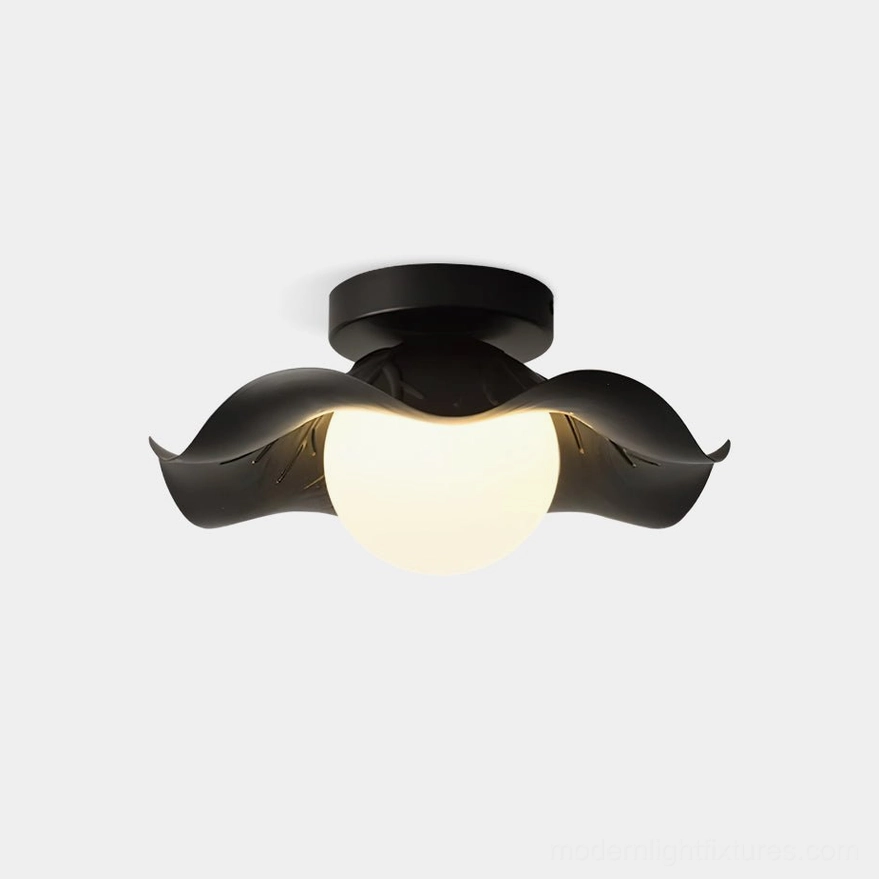 Monae black and white petal ceiling light fixture front overhead view with frosted glass globe and sculptural metal frame
