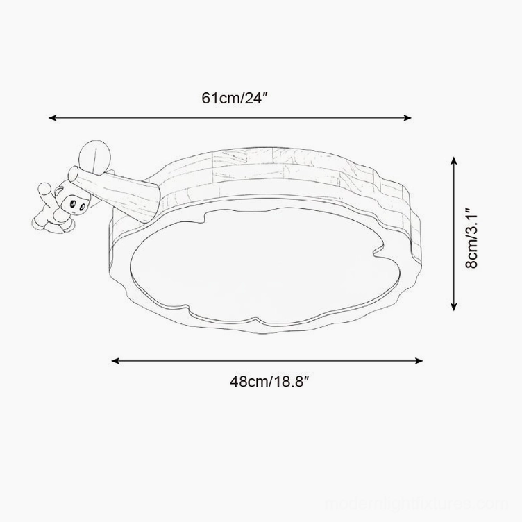 Engineering drawing of monkey-themed ceiling light fixture with precise dimensional measurements and mounting details