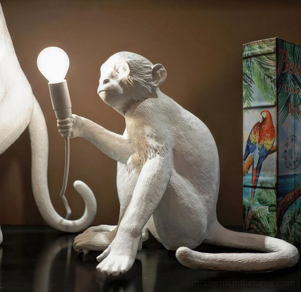 Monkey table lamp artistic resin desk lighting close-up detail view