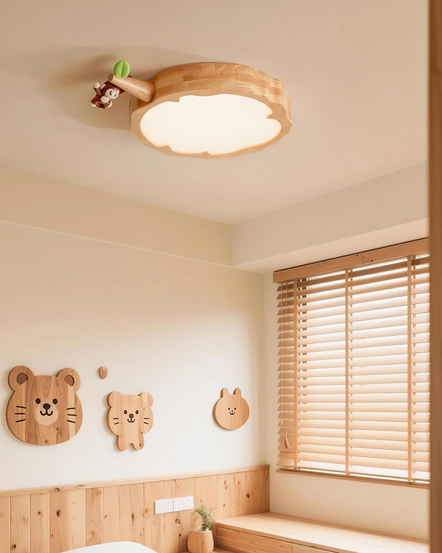 Monkey-themed handcrafted ceiling light fixture with natural wood cloud shape and cute primate ornament