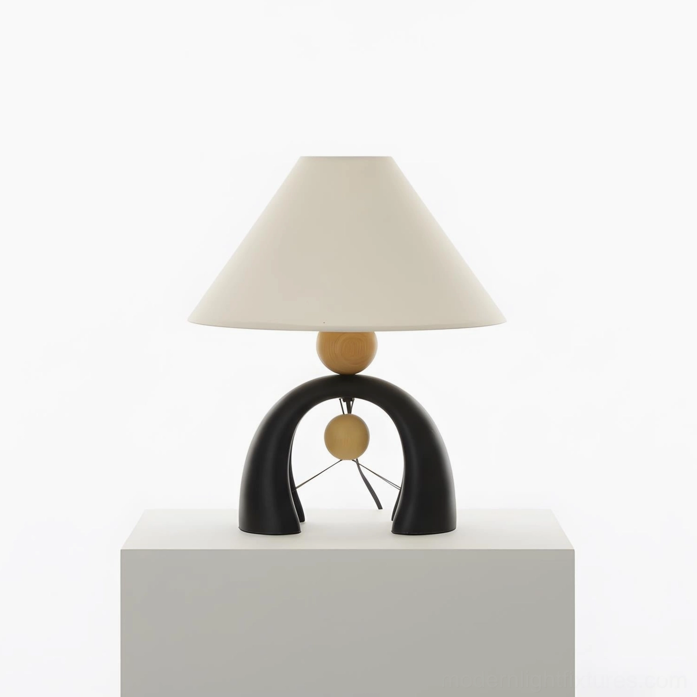 Mono Arch modern table lamp close-up showing black resin arch base with metal rod details and off-white conical shade