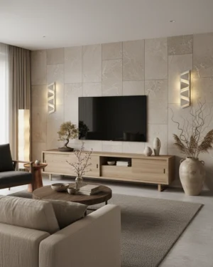 Pair of monolith wall sconces in modern rustic living room with warm neutral decor