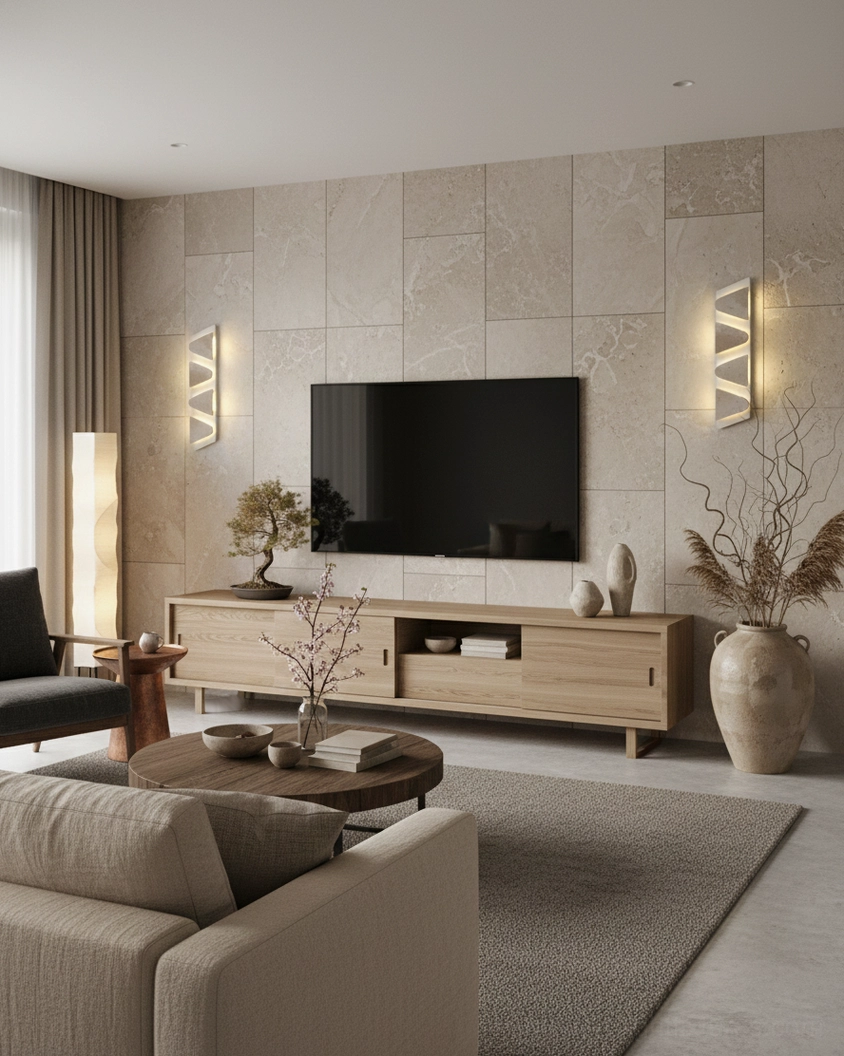 Pair of monolith wall sconces in modern rustic living room with warm neutral decor