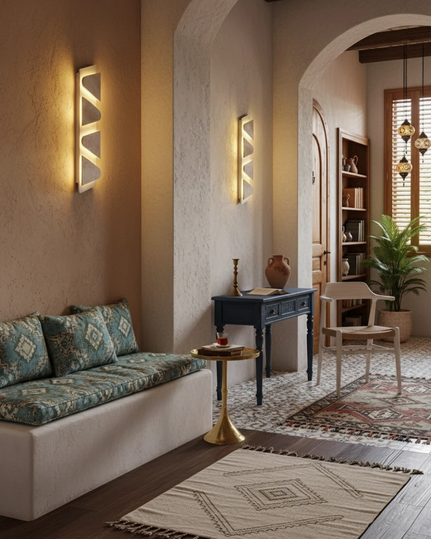 Monolith travertine wall sconce architectural lighting feature in modern interior