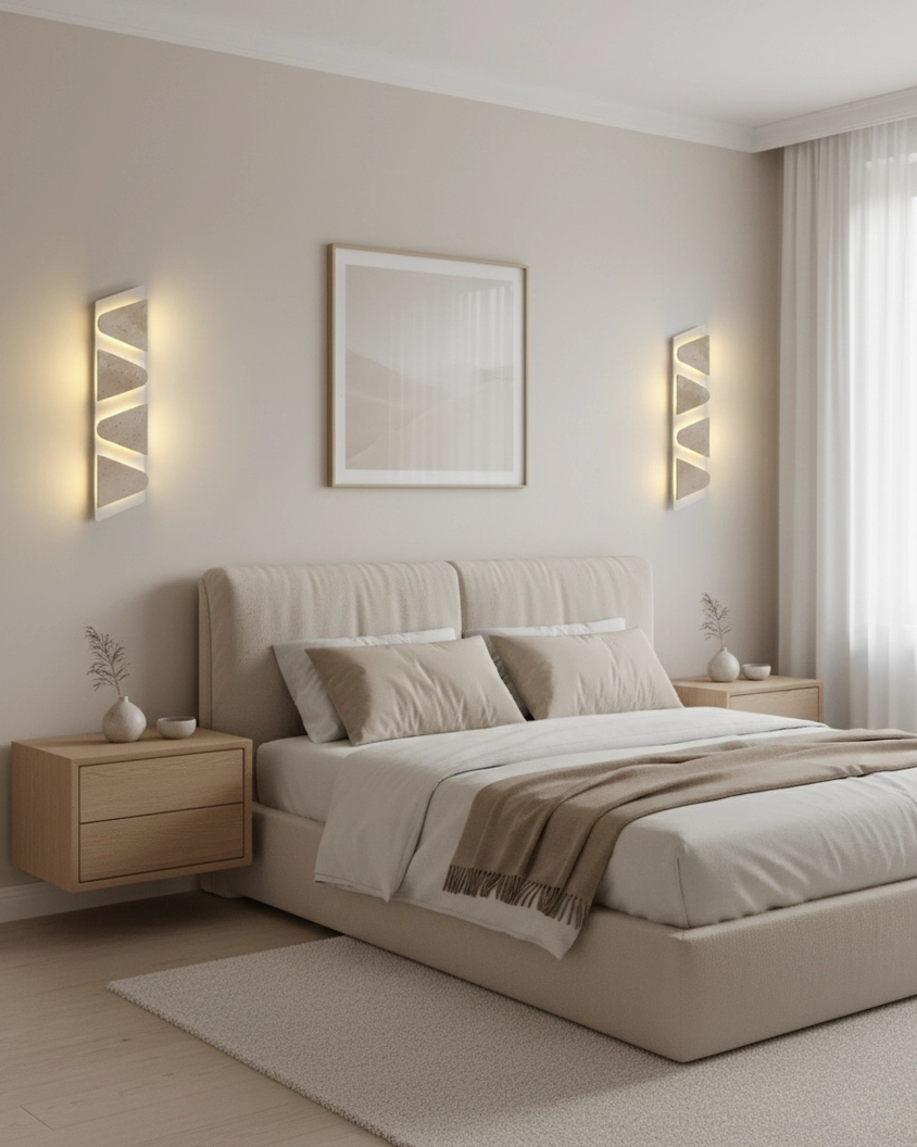 Paired monolith geometric wall sconces in minimalist master bedroom with wabi-sabi styling