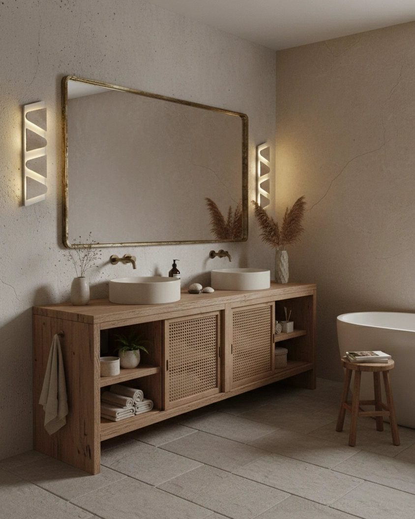 Monolith travertine wall sconces flanking bathroom vanity mirror in spa-like setting