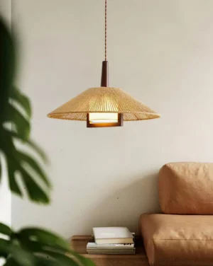 Mons bohemian pendant lamp installed above cozy living room sofa, warm natural lighting ambiance