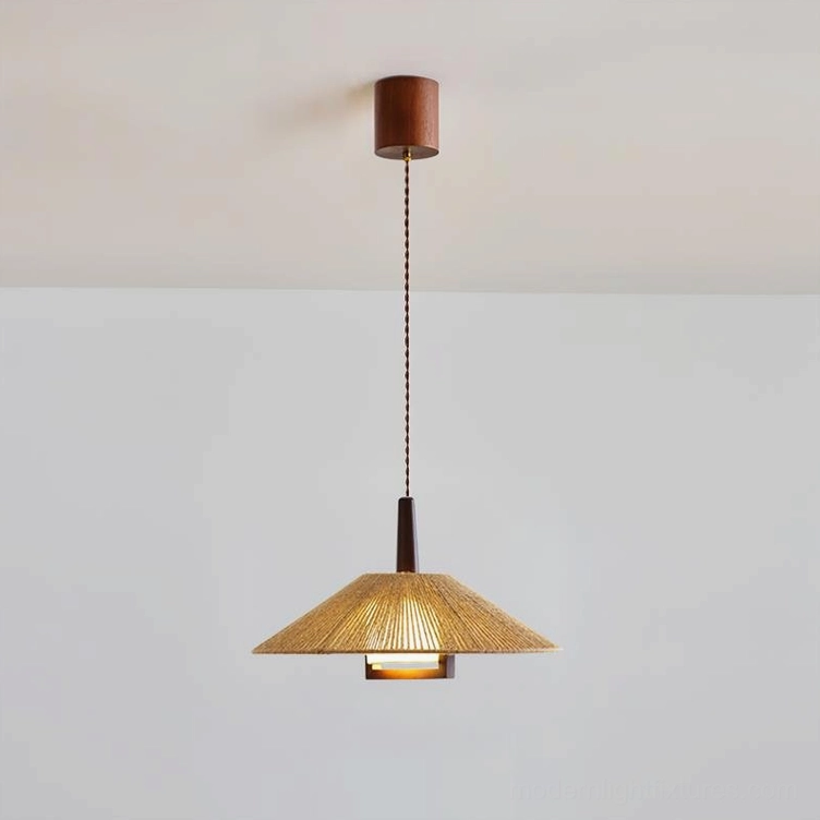 Mons bohemian pendant lamp looking up from below showing cylindrical dark wood ceiling canopy