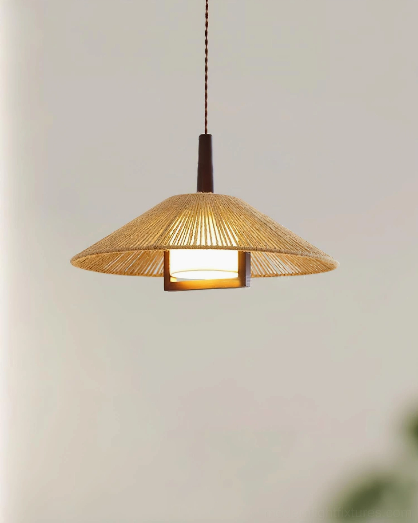 Mons handcrafted rattan pendant light with natural beige hemp rope shade and dark brown hardware
