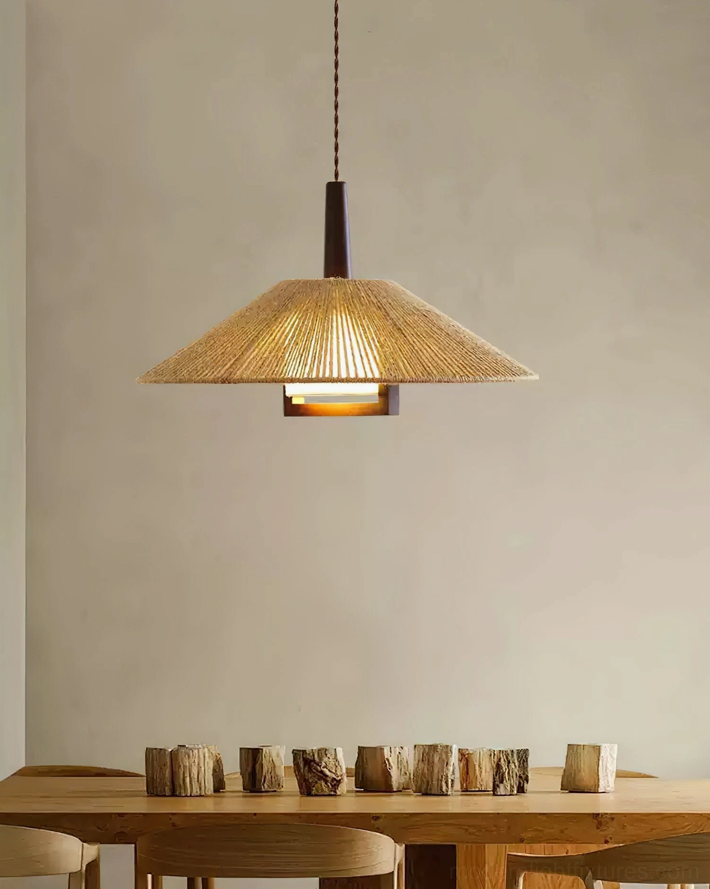 Mons handwoven hemp rope pendant fixture overhead dining room wooden table setting