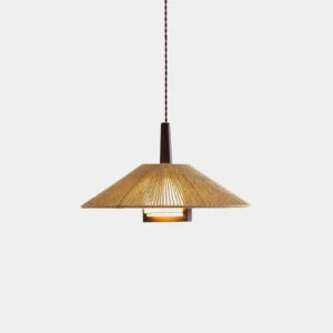 Mons rattan hemp rope pendant light with natural woven shade and dark wood canopy, front overhead view