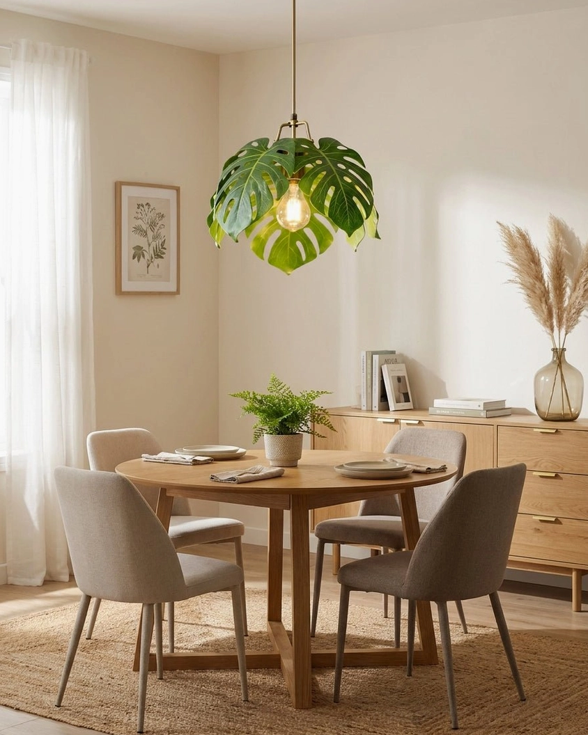 Monstera leaf pendant light architectural detail showing green resin leaf construction with gold brass accents and wiring