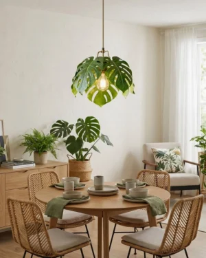 Monstera leaf pendant light hanging in warm dining room with wooden furniture and rattan chairs creating tropical ambiance