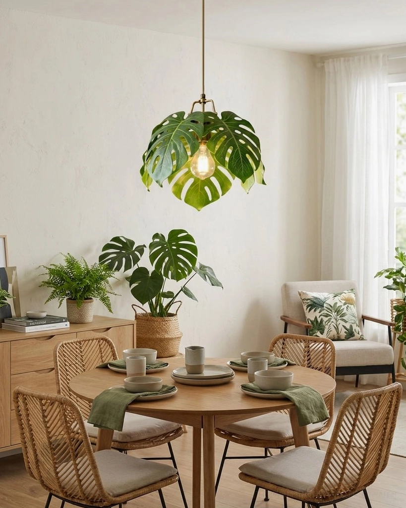 Monstera leaf pendant light hanging in warm dining room with wooden furniture and rattan chairs creating tropical ambiance