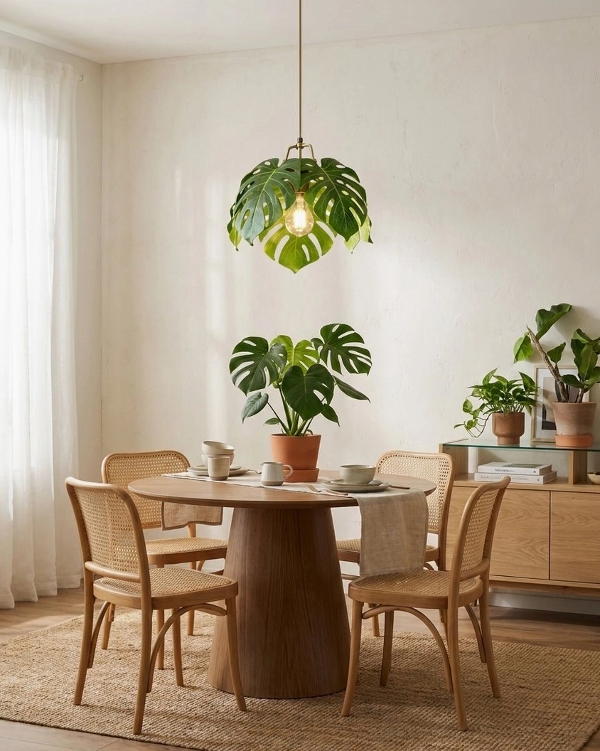 Monstera leaf pendant light suspended in cozy dining nook with wooden furniture and indoor potted green plants