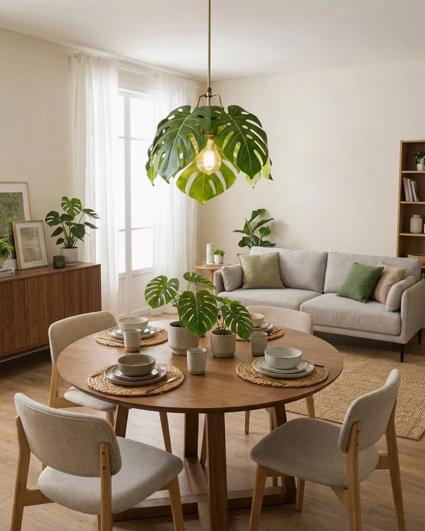 Monstera leaf pendant illuminated in open living dining area with gray sofa and wooden cabinet furniture