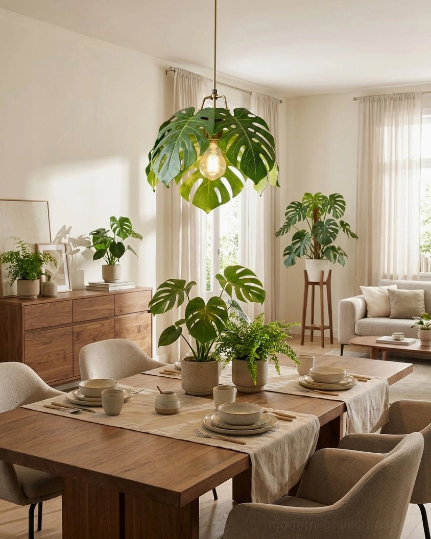 Monstera leaf pendant light casting shadows over long wooden dining table with place settings and botanical centerpiece