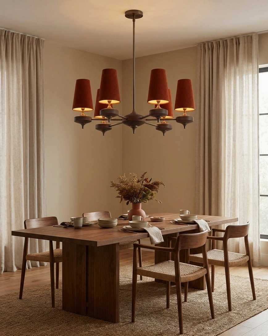 Montera 3-light chandelier with cream fabric shades, compact size ideal for entryway or bedroom, showing full fixture from below