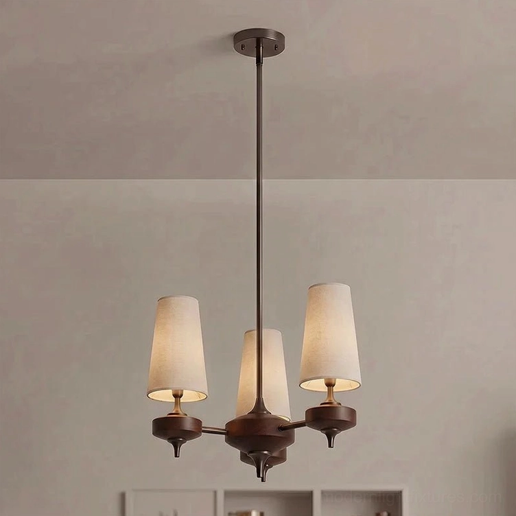 Montera 3-light compact chandelier with cream fabric cone shades, small walnut wood hub, ideal for breakfast nook or small bedroom