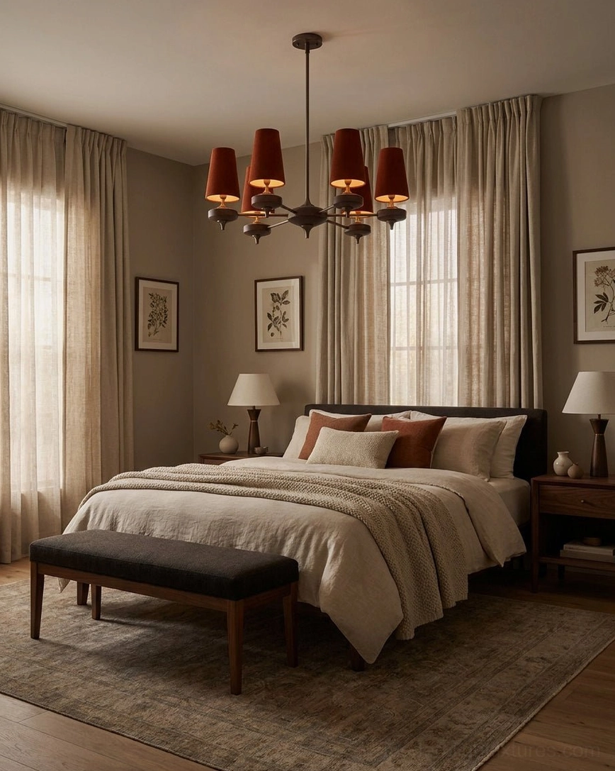 Montera mid-century modern chandelier with 5 arms and cream-colored fabric shades installed in classic master bedroom, complementing warm neutral decor