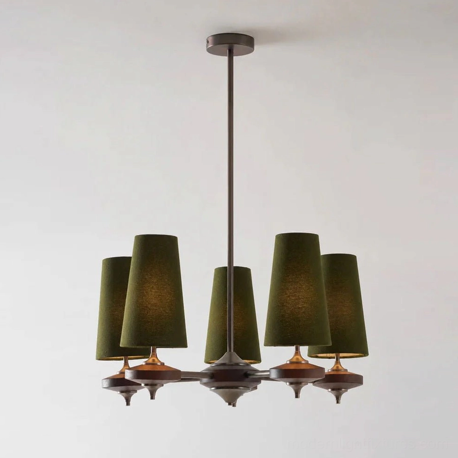Montera 5-light mid-century modern chandelier with green fabric shades, walnut wood arms and hub, bronze-tone stem and canopy close-up view