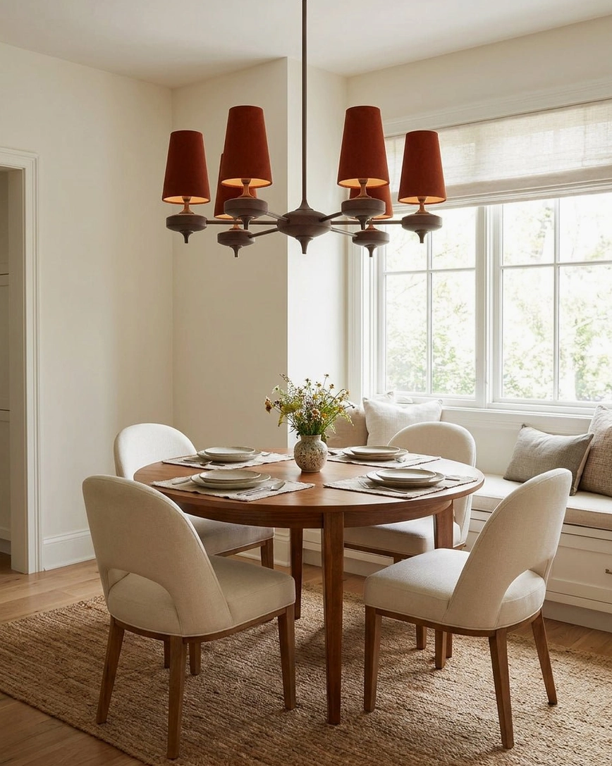 Montera 5-light chandelier with olive green fabric cone shades viewed from underneath, demonstrating warm light distribution and symmetrical arm arrangement