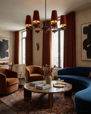 Montera 5-light chandelier with rust-colored fabric cone shades hanging in luxury traditional living room with warm wood tones and vintage furnishings