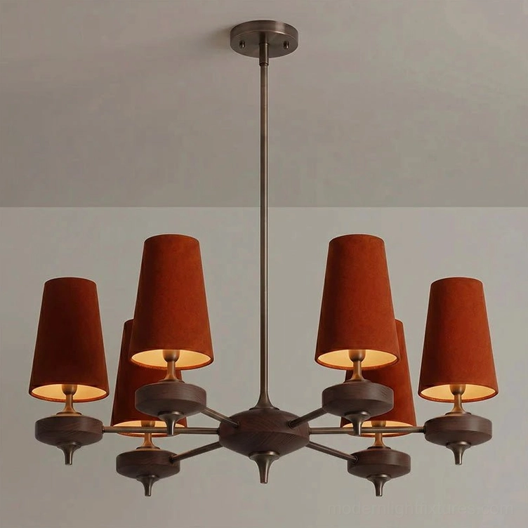Montera 5-light chandelier with rust fabric cone shades, bronze stem and canopy, walnut wood arm details, mid-century modern interior lighting