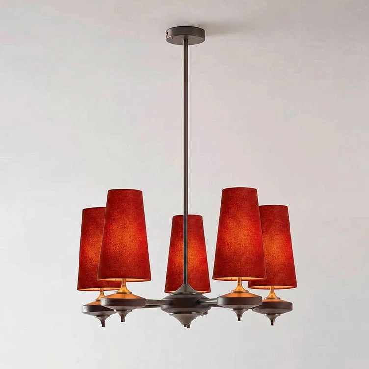 Montera 5-light pendant chandelier with rust-orange fabric cone shades, warm wood arm details, mid-century modern ceiling light fixture